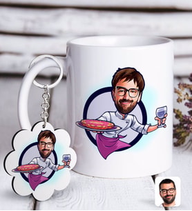 BK Gift Kişiye Özel Erkek Garson Karikatürlü Beyaz Kupa ve Anahtarlık Hediye Seti-1 (Model 1)