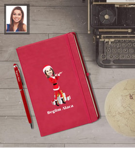 Kişiye Özel Yılbaşı Bayan Karikatürlü Kırmızı Defter Kalem Hediye Seti Model-6