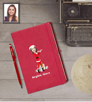 Kişiye Özel Yılbaşı Bayan Karikatürlü Kırmızı Defter Kalem Hediye Seti Model-6