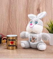 Sevgililere Özel İsim Yazılı Gold Kupa Bardak ve Peluş Tavşan