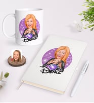 BK Gift Kişiye Özel Kadın Astrolog Karikatürlü Beyaz Defter Kalem ve Kupa Seti-1 (Model 1)