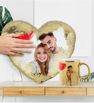 BK Gift Kişiye Özel Fotoğraflı Sihirli Gold Kalp Yastık Gold Kupa Seti