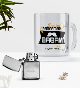 BK Gift Kişiye Özel Benim Kahraman Babam Cam Kupa Bardak Benzinli Metal Çakmak Seti (Model 1)