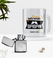 BK Gift Kişiye Özel Benim Kahraman Babam Cam Kupa Bardak Benzinli Metal Çakmak Seti (Model 1)