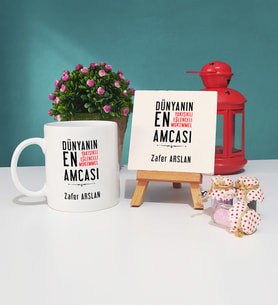 Amca Tasarımlı Kişiye Özel Hediye Amca Kupa Bardak ve Dekoratif Taş Baskı Hediye Seti