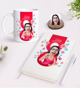 BK Gift Kişiye Özel Kadınlar Günü Karikatürlü Beyaz Defter Kalem ve Kupa Seti-5 (Model 1)