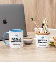 Denizcilik Öğretmeni Mavi Kupa Bardak Ve Kalemlik Seti