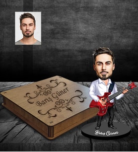 Kişiye Özel Gitarist Karikatürlü Ahşap Biblo Kutulu Bay-2