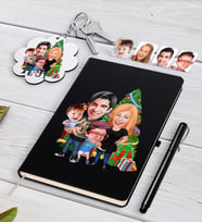 BK Gift Kişiye Özel Yeni Yıl Aile Karikatürlü Siyah Defter Kalem ve Anahtarlık Hediye Seti-5 (Model 1)