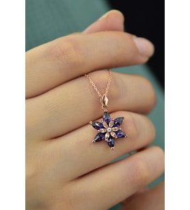 925 Ayar Gümüş Rose Kaplma Tepelikli Mor Lotus Kolye