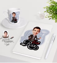 BK Gift Kişiye Özel Evin Reisi Karikatürlü Beyaz Defter Kalem Türk Kahvesi Fincanı Seti-3 (Model 1)