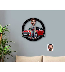 BK Gift Kişiye Özel Plakalı Erkek Mini Cooper Karikatürlü Ahşap Duvar Saati-1 (Beyaz)