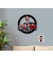 BK Gift Kişiye Özel Plakalı Erkek Mini Cooper Karikatürlü Ahşap Duvar Saati-1 (Beyaz)