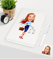 BK Gift Kişiye Özel Bayan Avukat Karikatürlü Beyaz Defter Kalem Seti - 3