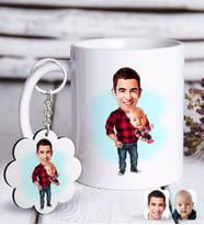 BK Gift Kişiye Özel Baba Oğul Karikatürlü Beyaz Kupa ve Anahtarlık Hediye Seti-3 (Model 1)