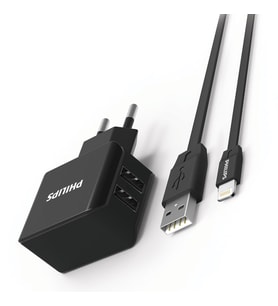 Philips DLP2502L 2 USB Çıkışlı Duvar Şarj Cihazı & MFI Lisanslı Lightning Şarj Kablosu Combo Set (Siyah)