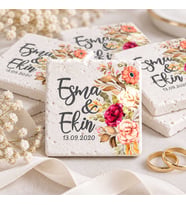 30 Adet Kişiye Özel Baskılı Doğal Taş Magnet 5x5cm Söz, Nikah, Nişan Hatırası (Beyaz)