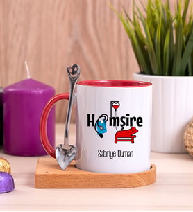 Hemşire Ahşap Altlıklı Kırmızı Kupa Bardak