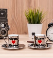 Sevgililere Özel İsim Yazılı İkili Silver Kahve Fincanı Takımı