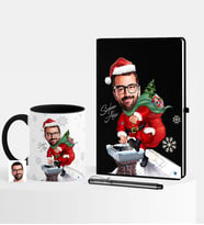 BK Gift Kişiye Özel Yılbaşı Temalı Bay Karikatürlü Siyah Defter Kalem Kupa Seti - 3