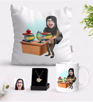BK Gift Kişiye Özel Bayan Öğretmen Karikatürlü Beyaz Kupa Yastık ve İsimli Papatya Kolye Hediye Seti-8 (Model 1)