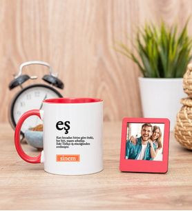 Eş Kelime Anlamı Kırmızı Kupa Bardak ve Kırmızı Mini Fotoğraf Çerçevesi