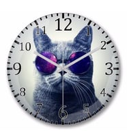 Gözlüklü Kedi Cats Duvar Saati Bombeli Gercek Cam