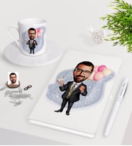 BK Gift Kişiye Özel Erkek Doğum Günü Karikatürlü Beyaz Defter Kalem Türk Kahvesi Fincanı Seti-3 (Model 1)