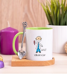 Erkek Diş Hekimi Karikatürü Ahşap Altlıklı Yeşil Kupa Bardak