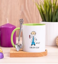 Erkek Diş Hekimi Karikatürü Ahşap Altlıklı Yeşil Kupa Bardak