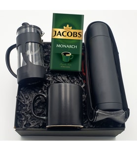 Siyah Kilitli Çelik Termos & Cam French Press & Siyah Mat Kupa & Jacobs Filtre Kahve