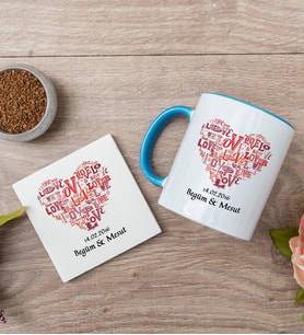 Love Tasarım Hediyelik Mavi Kupa Bardak Ve Bardak Altlığı Seti