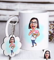 BK Gift Kişiye Özel Ev Hanımı Karikatürlü Beyaz Kupa ve Anahtarlık Hediye Seti-3 (Model 1)