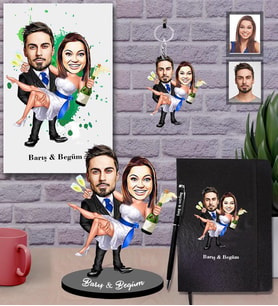 Kişiye Özel Gelin Damat Karikatürlü 5 li Hediye Seti  Mod-5
