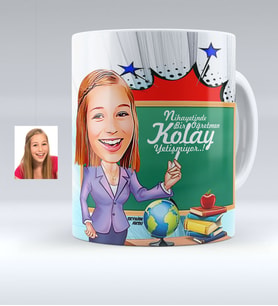 BK Gift Kişiye Özel Bayan Öğretmen Karikatürlü Beyaz Kupa Bardak  1