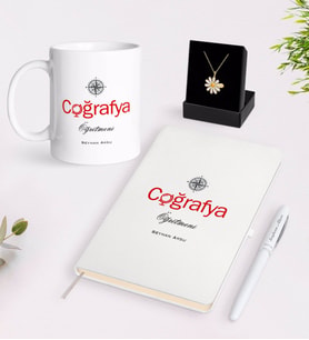 BK Gift Kişiye Özel Coğrafya Öğretmeni Beyaz Kupa Defter Kalem ve İsimli Papatya Kolye Hediye Seti-1 (Model 1)