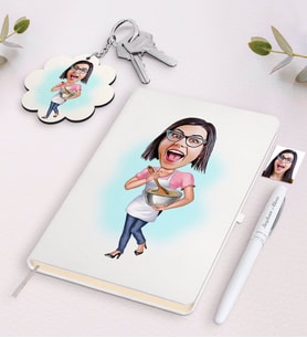 BK Gift Kişiye Özel Ev Hanımı Karikatürlü Beyaz Defter Kalem ve Anahtarlık Hediye Seti-3 (Model 1)