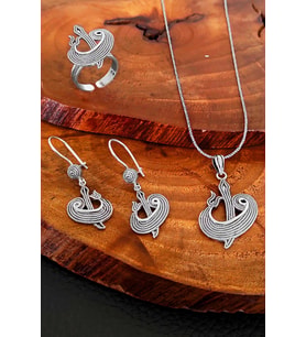 Elif Vav Harfli Telkari Gümüş Oksitli Bayan Takım Yüzük Küpe Kolye Ucu SET-252