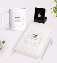 BK Gift Kişiye Özel Dünyanın En İyi Öğretmeni Beyaz Kupa Defter Kalem ve İsimli Papatya Kolye Hediye Seti-14 (Model 1)