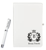 Kişiye Özel Şık Tasarımlı Beyaz Defter Ve Roller Kalem Seti