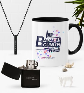 BK Gift Kişiye Özel İlk Babalar Günün Kutlu Olsun Siyah Kupa Çakmak Kolye Seti-2 (Model 1)