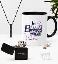 BK Gift Kişiye Özel İlk Babalar Günün Kutlu Olsun Siyah Kupa Çakmak Kolye Seti-2 (Model 1)