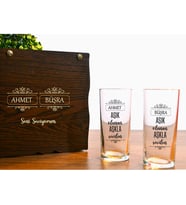 Ahşap Kutulu 2'Li Rakı Bardağı Seti Kişiye Özel İsim Baskılı