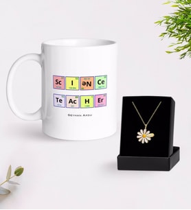 BK Gift Kişiye Özel Fen Bilimleri Öğretmeni Beyaz Kupa ve Papatya Kolye Hediye Seti-3 (Model 1)