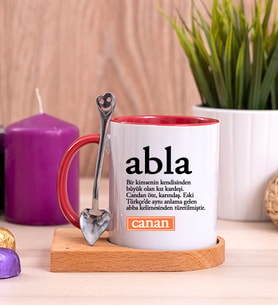 Abla Kelime Anlamı Ahşap Altlıklı Kırmızı Kupa Bardak