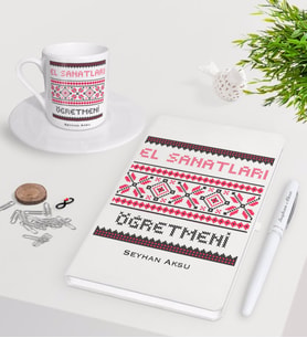 BK Gift Kişiye Özel El Sanatları Öğretmeni Beyaz Defter Kalem Türk Kahvesi Fincanı Seti (Model 1)
