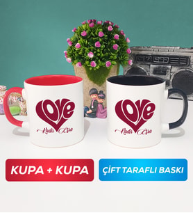 İkili Love Tasarımlı Sevgililer Günü Hediyesi Kupa Bardak Kırmızı Siyah