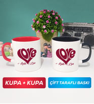 İkili Love Tasarımlı Sevgililer Günü Hediyesi Kupa Bardak Kırmızı Siyah