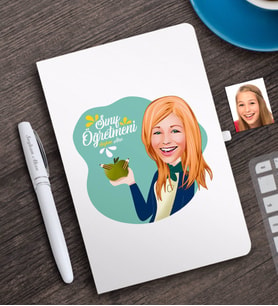 BK Gift Kişiye Özel Bayan Sınıf Öğretmeni Karikatürlü Beyaz Defter ve Kalem Hediye Seti-1