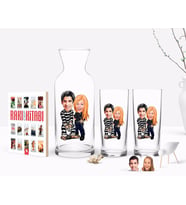 BK Gift Kişiye Özel Renkli Baskılı Sevgililer Karikatürlü İkili Rakı Bardağı Karaf ve Cep Kitabı Hediye Seti-7 (Model 1)